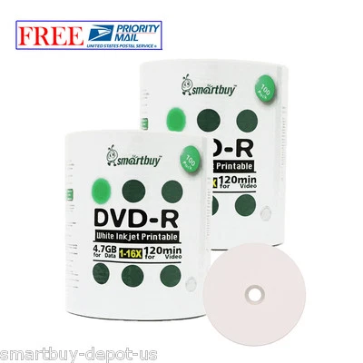 SMART BUY 200 Pcs SmartBuy DVD-R DVDR 16X 4.7GB White Inkjet Hub Printable Recordable Disc