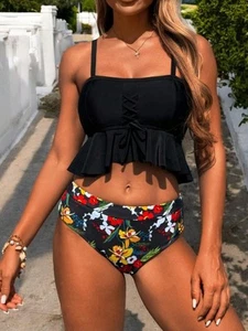 Women's Two Piece Bikini Set With Lace-Up Ruffle Tankini Top And High Waist Flor - Picture 1 of 21