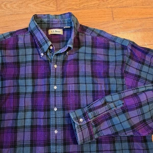 Camicia LL Bean vintage anni 90 viola verde velluto a coste 2XLT tartan outdoor opera d'arte - Foto 1 di 11