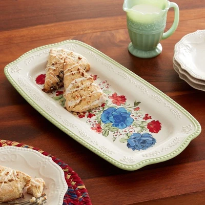 Plato rectangular The Pioneer Woman clásico de cerámica de 16", verde Foto 1 de 4