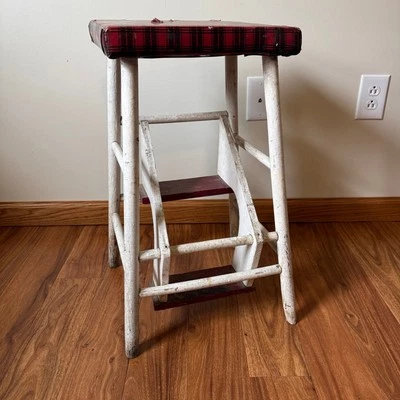 Vintage Solid Wood Red Black Vinyl Top Kitchen Garage Fold out Stool - Image 1 of 4