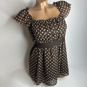 Y2K Brown Polka Dot Babydoll Top XS Coquette Milkmaid Cottagecore Bow Sweetcore - Picture 1 of 9