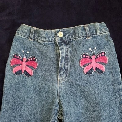 Y2K Girls Blue Denim Jeans Butterfly Embroidered Pockets Pink Trim Bootcut Sz 8 - Image 1 of 4