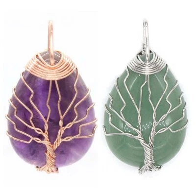 Natural Healing Crystal Quartz Tree Of Life Wire Wrap Drop Chakra Stone Pendant - Image 1 of 3