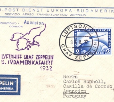 GERMANY Cover 2m ZEPPELIN Air 1932 *5.SUDAMERIKAFAHRT* Eagle PARAGUAY MA2119 - Image 1 of 4