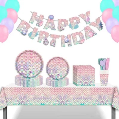 Mermaid Birthday Decorations Tableware Party Supplies, Balloons Banner Set - Image 1 of 4