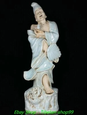Statua ventaglio Jigong monaco Arhat Buddha porcellana smalto blu chiaro 18'' vecchia dinastia - Immagine 1 di 4
