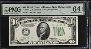 1934A $10 Federal Reserve Note Fr-2006-C Philadelphia PMG64 Choice EPQ - Picture 1 of 2