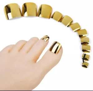 24 Gold chrome Press on Toe nails kit w glue mirror bling  - Picture 1 of 4