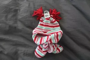 NUOVO vecchio cappello in pile a righe blu navy guanti bambino rosso XS 0-6M - Foto 1 di 3