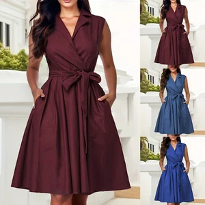 Women's V Neck Sleeveless Dress Tie Waist Flare A-line Midi Dress with Pockets - Picture 1 of 32