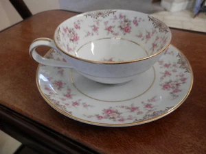 5 Noritake 5506 CHARMAINE Pink Tea Cups Flowers, Tan, Gold Trim, Japan 1954-62 - Picture 1 of 3