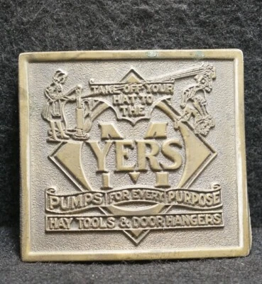 WJ13153 SWEET VINTAGE 1970s **MYERS** HAY TOOLS & DOOR HANGERS BRASS BELT BUCKLE - Image 1 of 2