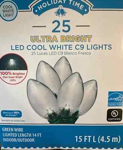 NEW! 25 Holiday Time Super Bright Clear Cool White C9 LED String Lights - Picture 1 of 2