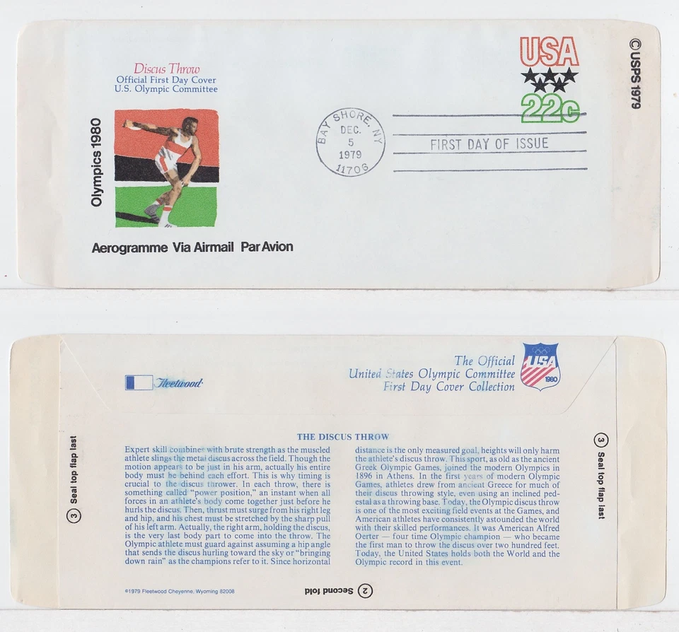 TurtlesTradingPost- Olympic Discus Throw -1979 FDC #UC52 Aerogramme Fleetwood - Image 1 of 1