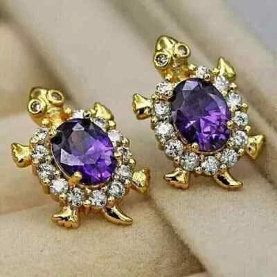 Aretes con halo para mujer de 2,50 quilates enchapados en oro amarillo de 14 quilates de amatista creados en laboratorio Foto 1 de 4