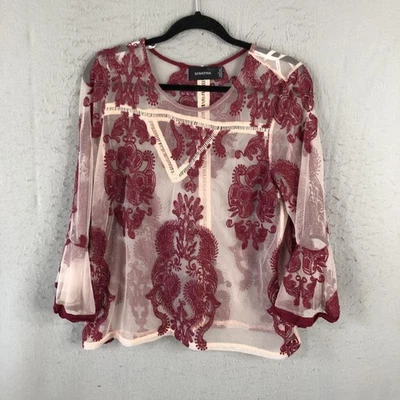 MINKPINK Sheer Mesh Embroidered Blouse Womens XS Lace Bell Fairy Feminine - Image 1 of 4