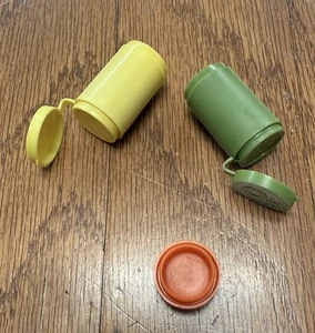 Vintage Tube Flip Top Salt Pepper Shakers Green Yellow Orange Kitchen Milmour - Picture 1 of 7