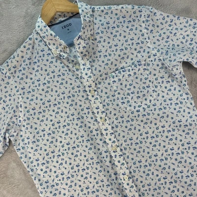 IZOD Men's Short Sleeve Button Up Shirt Blue Tropical Print White Sz Med Casual - Image 1 of 4