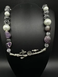 Purple Amethyst Stones Birds Statement Necklace 21” - Picture 1 of 11