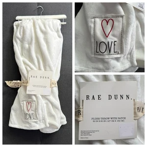 Rae Dunn LOVE White Plush Throw Blanket 50 x 60 Red Stitching Embroidered Patch - Picture 1 of 5