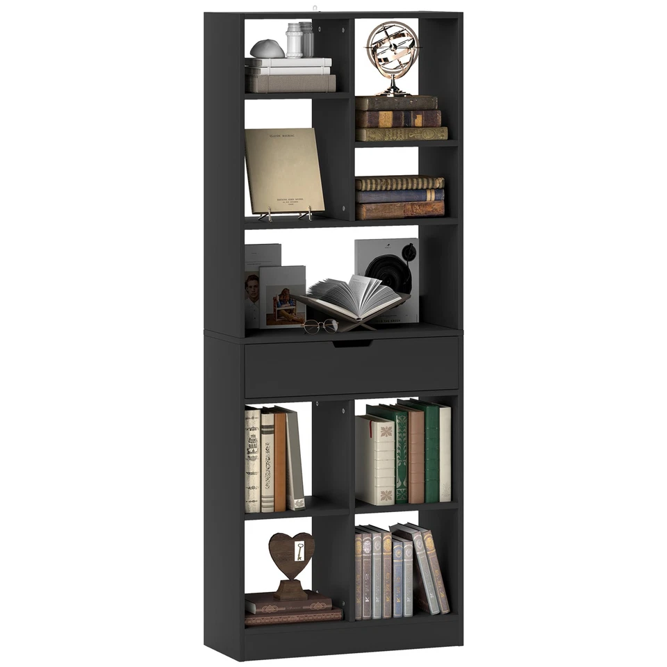 HOMCOM Libreria Moderna in Legno con Cassetto Centrale 60x26x158 cm Nero - Immagine 1 di 4