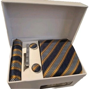 Gold und blau gestreift neu Geschenk Krawatte Einstecktücher Set Krawatte Manschettenknopf Krawattenklammer - Bild 1 von 5
