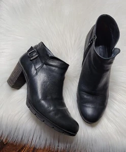 Paul Green Black Leather Ankle Boots Women's Uk 6 US Size 8.5 Block Heel - Picture 1 of 14
