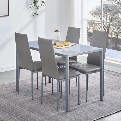 4x Grey Faux Leather Dining Chairs & Grey Tempered Glass Dining Table Dining Set - Image 1 of 4