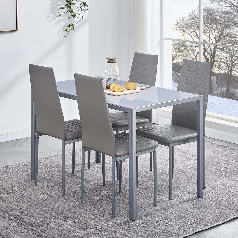 4x Grey Faux Leather Dining Chairs & Grey Tempered Glass Dining Table Dining Set - Image 1 of 4