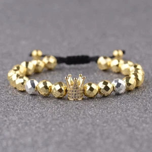 Luxury Men's Clear Cubic Zircon Crown Faceted Hematite Bead Adjustable Bracelets - Picture 1 of 29