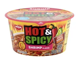 Nissin Hot & Spicy Shrimp Ramen Bowl Noodles with Chili Sauce 3.0 Oz Each 6 Pack - Picture 1 of 2