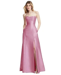 New $281 Alfred Sung Strapless A-Line Satin Gown with Bow Powder Pink Bridesmaid - Picture 1 of 10