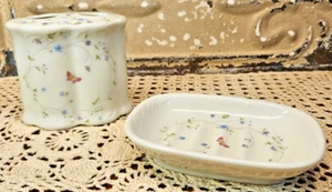 Takahashi White Ceramic Butterflies Floral Design Soap Dish & Toothbrush Holder - Picture 1 of 5