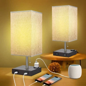 1 Set/2 Set USB Table Lamp for Bedroom Bedside Table Lamp & 2 USB Charging Ports - Picture 1 of 32