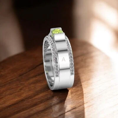 Piedras preciosas de corte redondo de peridoto con anillo de plata de ley 925 para hombre #A178 Foto 1 de 4