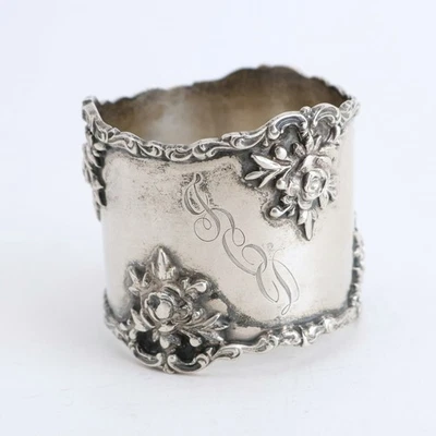 Кольцо для салфеток из чистого серебра B1556 от Gorham с нанесенными розами 47 г с монограммой «JCD» - Изображение 1 из 4