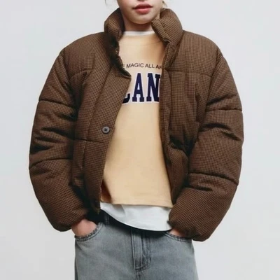 Zara Girls' Gingham Puffer Jacket, Brown (Sz 13-14) - Image 1 of 4