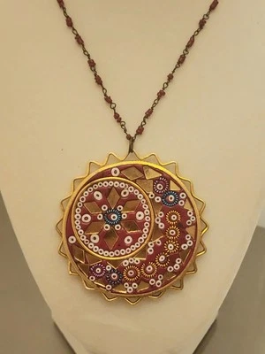 Collar colgante medallón cuentas semilla arcilla espejada grande vintage 2,5" India  Foto 1 de 4