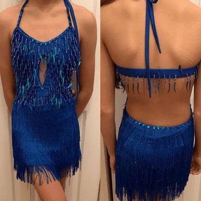 Fantasia de dança solo glamour franja azul frisada salão flapper XLA adulto - Imagem 1 de 4