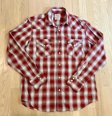 Camisa a Presión Lucky Brand Para Hombres A Cuadros Perla Talla Mediana Western Rodeo Vaquero Roja Foto 1 de 4