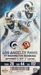2017 Washington Redskins vs Los Angeles Rams Ticket Stub 9/17/17 - Mint!!! - Picture 1 of 1