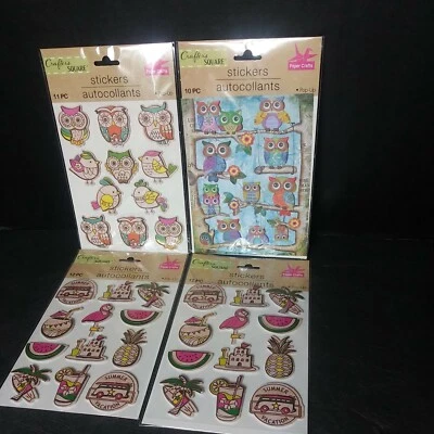 4 pc Crafter's Square Stickers Owls Summer Vacation Pink Flamingo Pop up - Image 1 of 4