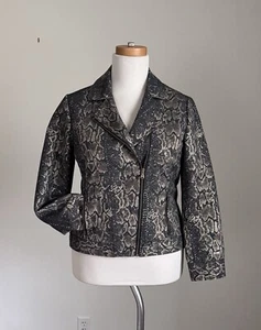 Chico's Chaqueta Metálica Dorada/Marrón Reptil Off Set Cremallera Completa Forrada-Talla 2 40” Busto - Imagen 1 de 7