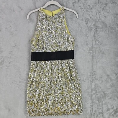 Vestido Robert Rodriguez Mujer Talla 8 Amarillo Plateado Lentejuelas Cóctel Fiesta Funda Foto 1 de 4