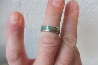 Bel Vecchio Anello In Argento Sterlingo Con Turchese E Corallo - Incastro - Immagine 1 di 4