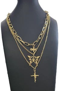 Collar de cadena en capas con colgantes de querubín, mariposa y cruz - tono dorado - Imagen 1 de 1