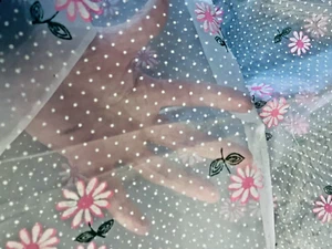 VTG White Nylon Fuzzy Flocked Dotted Swiss Hot Pink Centered Daisies BTY - Picture 1 of 7