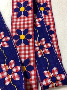 Vintage Red & Blue Gingham Daisy Floral Jacquard Ribbon 2-1/4" wide - Picture 1 of 3