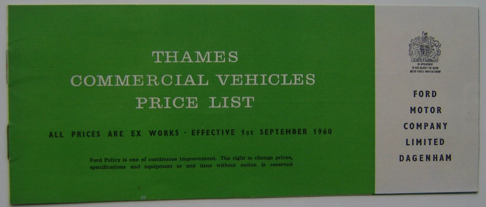 Ford UK Price List 1960 Thames 30 cwt 2 & 3 Ton 4Ton - Image 1 of 1